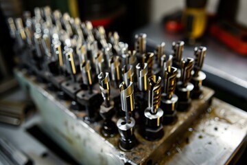 Naklejka premium Close-up of various industrial drill bits and milling cutters organized in a holder in a workshop.