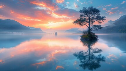 tree on a small piece of land on the lake
