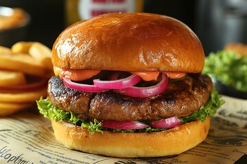 A delicious gourmet burger with a juicy beef patty, fresh lettuce, ripe tomatoes, caramelized...