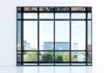 Fototapeta premium A window with a view of a city and trees
