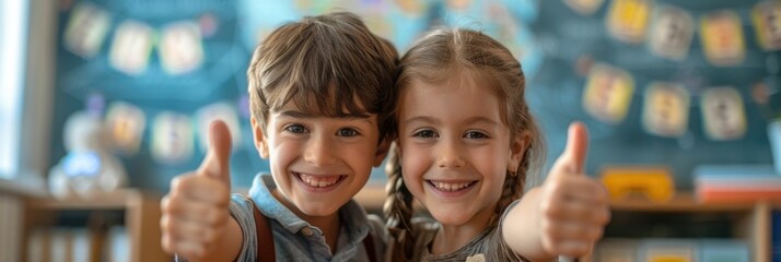 Excited School Children Giving Thumbs Up with Cheerful Expressions in Classroom Setting