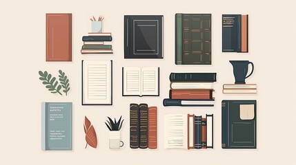 Book collection flat design top view literary animation monochromatic color scheme