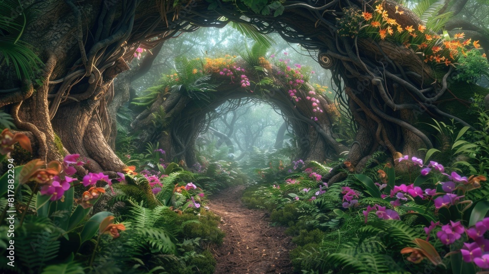 Poster enchanting archway formed by intertwining tree roots and blooming orchids in lush enchanted forest