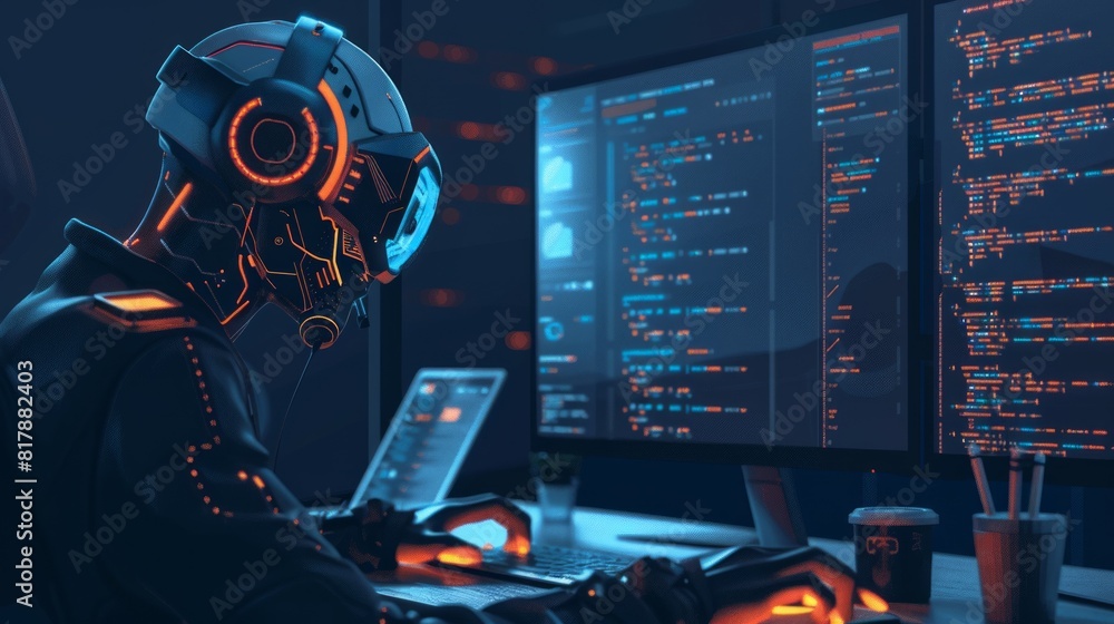 Poster ai providing code assistance to a developer. high tech