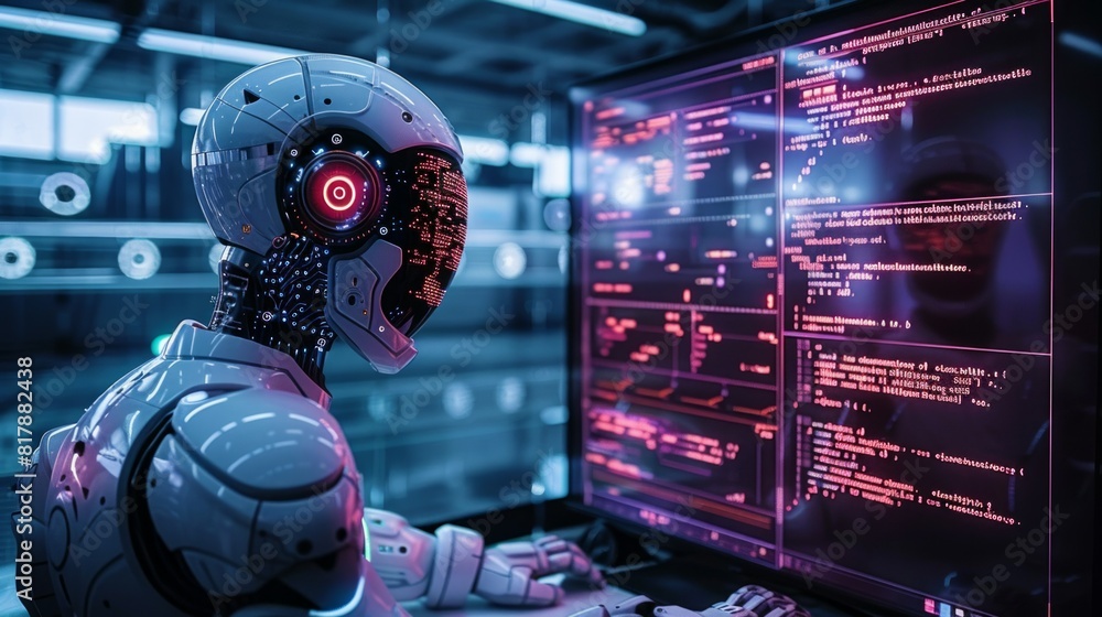 Poster ai providing code assistance to a developer. high tech