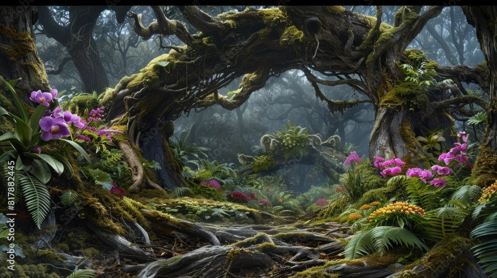 Poster majestic tree roots intertwine with blooming orchids and ferns creating a living enchanted forest ar