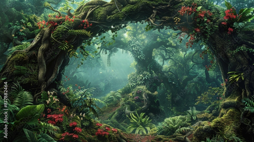 Poster majestic tree roots intertwining with blooming orchids and ferns creating a living archway into the 