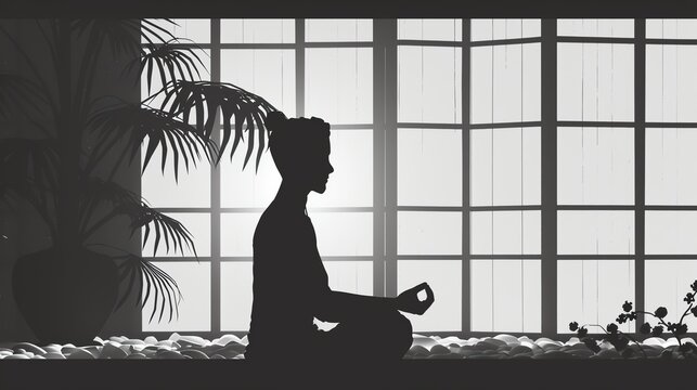 Meditation session flat design side view calming animation black and white