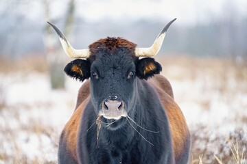 Close up photo of The aurochs (Bos primigenius) in winter landscape. Milovice, Czech repbulic.	