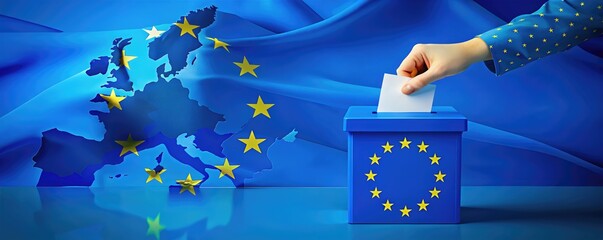 Voting in the European Union elections: a hand dropping a ballot into the ballot box, on a blue background with a place for text