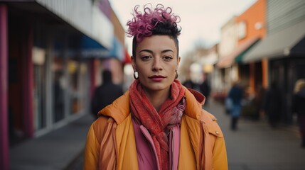 Woman with curly puprle hair strides through the city street, showcasing vibrant fashion against an urban backdrop