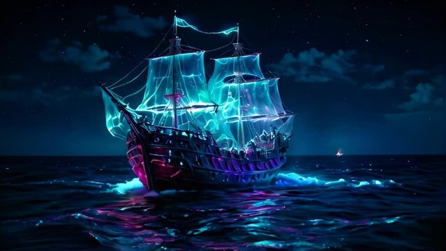 A ghostly pirate ship illuminated by eerie neon lights in the middle of a dark, starry sea. The mystical atmosphere and glowing details create a perfect spooky Halloween scene.