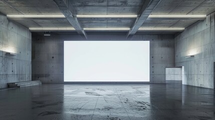 large white blank screen in a empty concrete interior. empty industrial room with a large blank white screen realistic