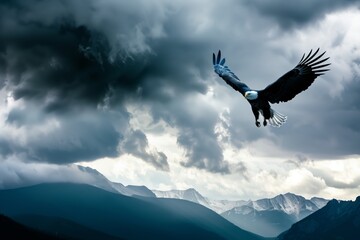 A majestic bald eagle soars against a dramatic, cloudy sky over snow-capped mountains, embodying freedom and power in a natural landscape.