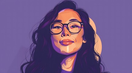 Happy Asian Woman in Lavender, wearing Glasses