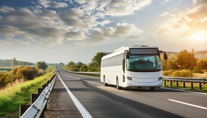 Obraz premium Tranquil Travels: Vivid Wide-Angle View of a Highway with a White Bus