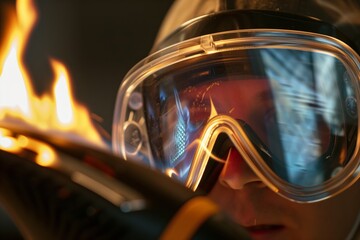 Close-up of a person wearing protective goggles and helmet, reflecting flames, likely working in a high-temperature environment like welding or metalwork.