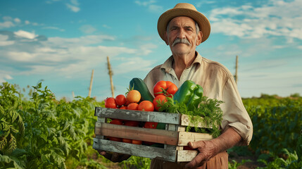 A farmer man holding a wooden box full of fresh vegetables 