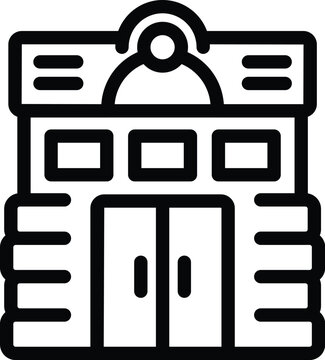 recommend clip art: Simple monochrome cartoon vector illustration of a fire station icon, depicting a black and white line art design of a firefighter department building