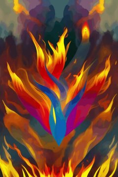 Colorful abstract fire art, painting flame illustration for graphic background, contemporary, imagination, artistry, animation, vertical video, fantasy, hell, digital, short clip, hell, temperature