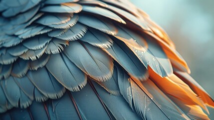 Obraz premium Exquisite Bird Feather Close up with Vibrant Colors and Intricate Textures Showcased Against Serene Sky Background