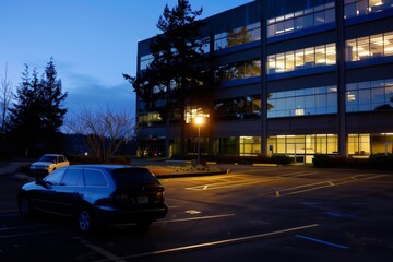 An empty office building parking lot at dusk with two parked cars and illuminated street lights, reflecting off the windows.