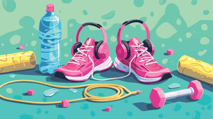 Sportive shoes dumbbells jumping rope bottle of water