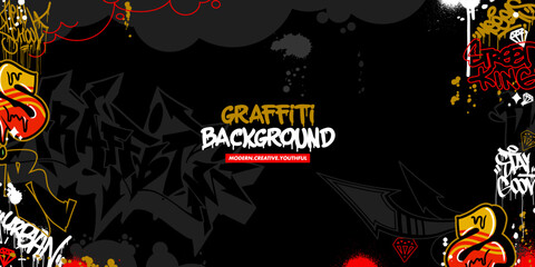 Naklejka premium Graffiti background with throw-up and tagging hand-drawn style. Street art graffiti urban theme in vector format.