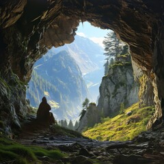A  peaceful life in the quiet isolation of a mountain cave, AI generated