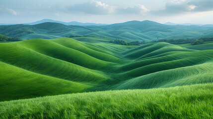A lush green field with rolling hills and a clear blue sky - Powered by Adobe