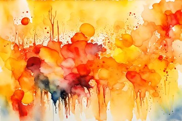 an abstract image that captures the heat of a summer day using watercolors on wet paper, with bright yellows, oranges, and reds.