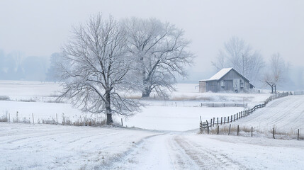 Frosty Winter Morning on a Quiet Snow-Covered Farm  