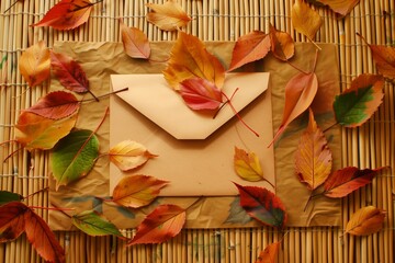 A beige envelope surrounded by vibrant autumn leaves on a bamboo mat, creating a warm and cozy...