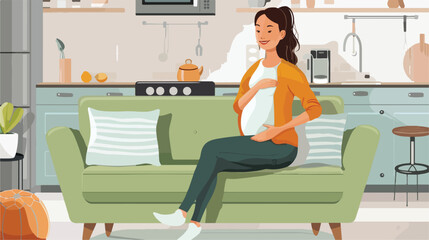 Sporty pregnant woman sitting on sofa in kitchen vector