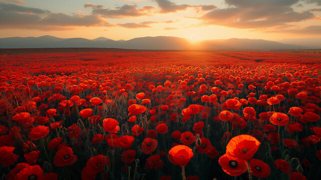 A field of red poppies with the sun setting in the background