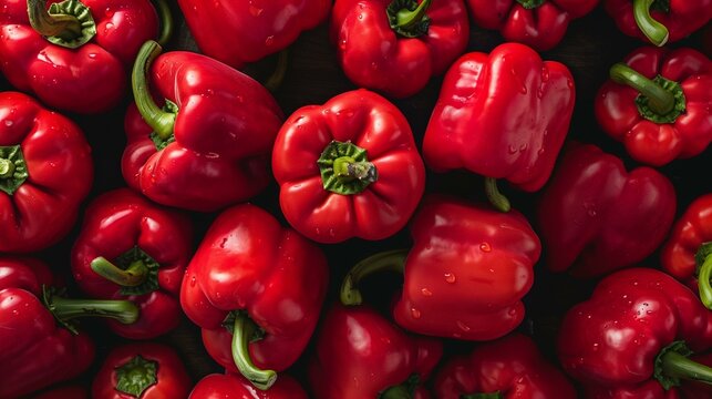 Bright Red Bell Peppers in a Pile, Emphasizing Their Glossy Skin and Freshness