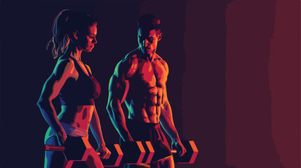 Sporty young couple training with dumbbells on dark b