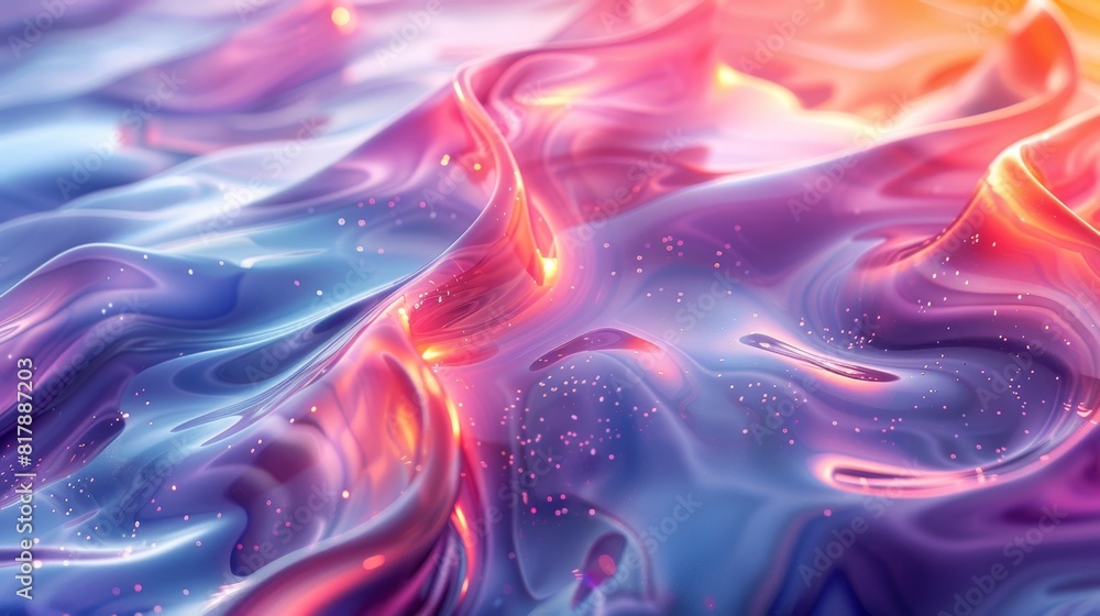 Poster vibrant holographic liquid figures float in futuristic room with abstract digital design, creating a