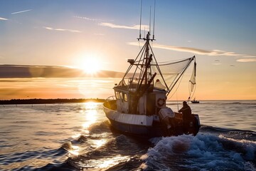 A fishing boat sails at sunset with a person working on the deck. The serene sea reflects the warm...