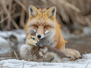 A fox is hunting and trying to catch geese