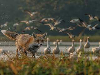 Fototapeta premium A fox is hunting and trying to catch geese