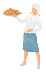 women  character baker in uniform holding a plate with fresh croissants