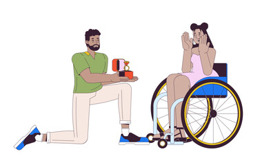 Black man proposing to hispanic woman with disability 2D linear cartoon characters. Diverse couple getting engaged isolated line vector people white background. Love color flat spot illustration