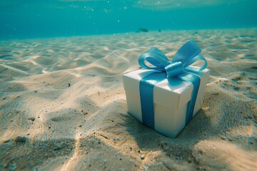 Underwater shot of a gift box with a blue ribbon resting on the sandy ocean floor, illuminated by sunlight. - Powered by Adobe