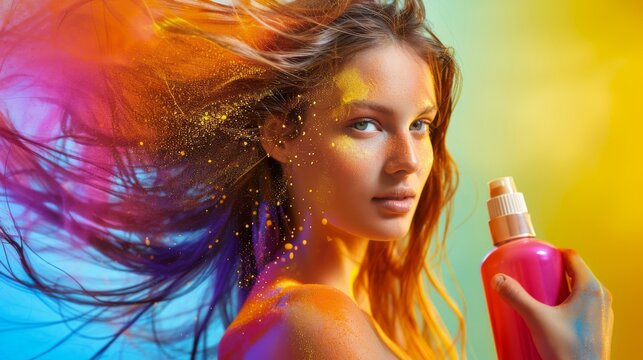 Protect from sunlight, sun protection spray, UVA and UVB filters, hair protection, spray bottle, front view, healthy hair, advanced tone, Triadic color scheme