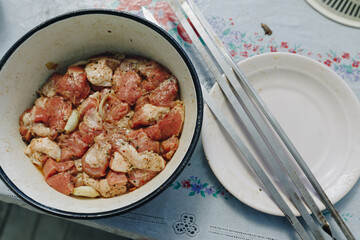 marinated pork shashlik on skewers