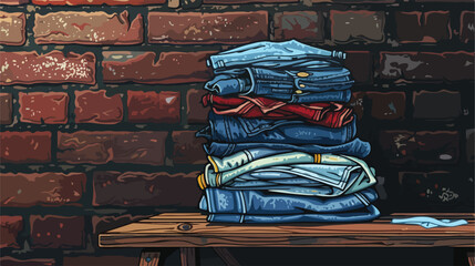 Stack of jeans clothes on table against brick wall vector