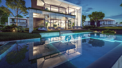 3d rendering of flat roof house with parking and pool for sale or rent with concrete facade and beautiful landscaping. Clear summer night with many stars on the sky