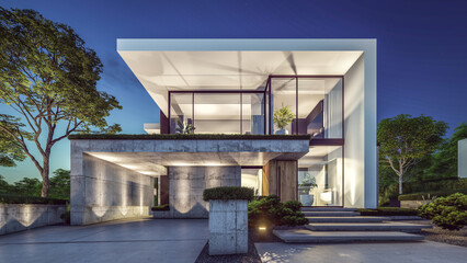 3d rendering of flat roof house with parking and pool for sale or rent with concrete facade and beautiful landscaping. Clear summer night with many stars on the sky