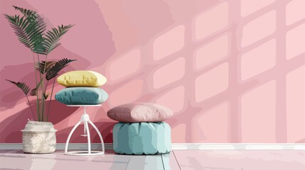 Stack of stylish decorative pillows and pouf on stool